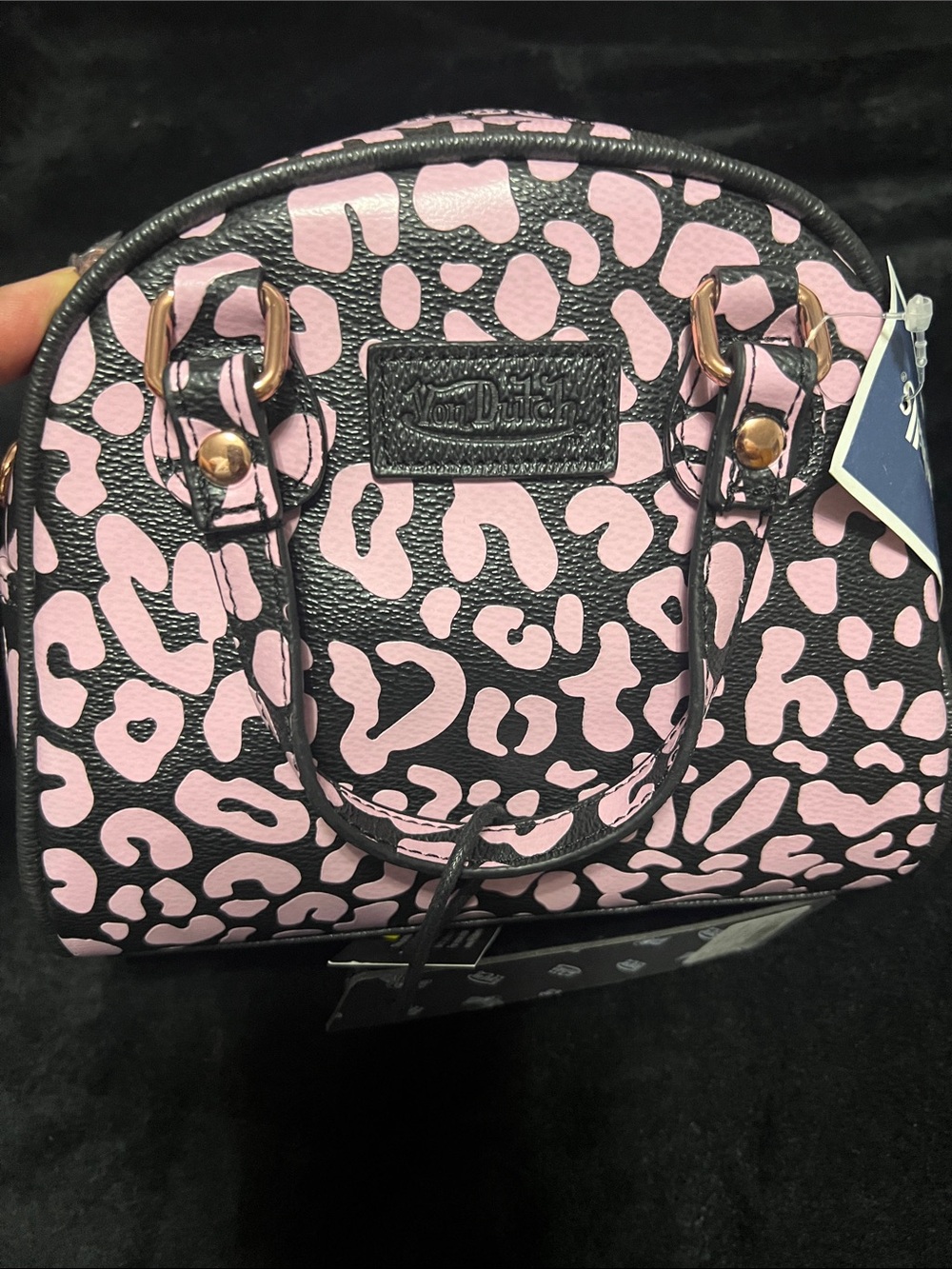 Von Dutch Black and Pink Leopard Dome Crossbody Satchel - Picture 4 of 4